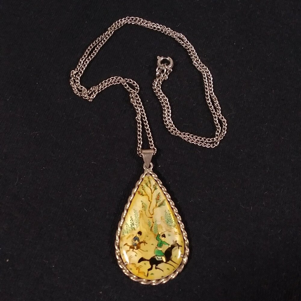 Pendant and Silver Chain Near East Hand Painted Mother of Pearl Double-Sided VTG